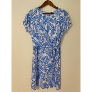 Lilly Pulitzer Inka Dress Resort White Aqua Blue Lounge Front Tie EUC Spandex S